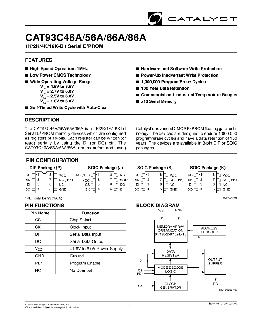 CAT93C56AK Datasheet PDF文件下载 芯片资料查询 维库电子市场网