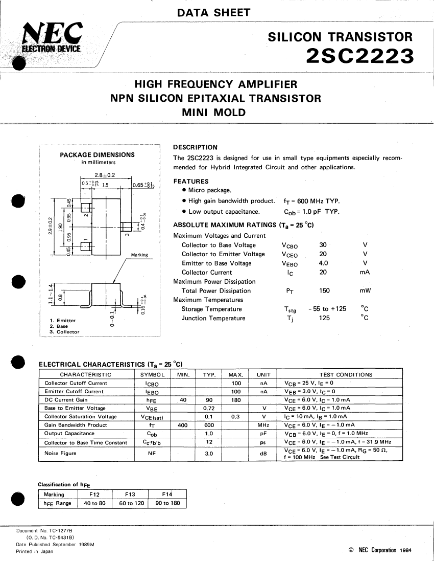 2SC2223F12 Datasheet PDF文件下载 芯片资料查询 维库电子市场网