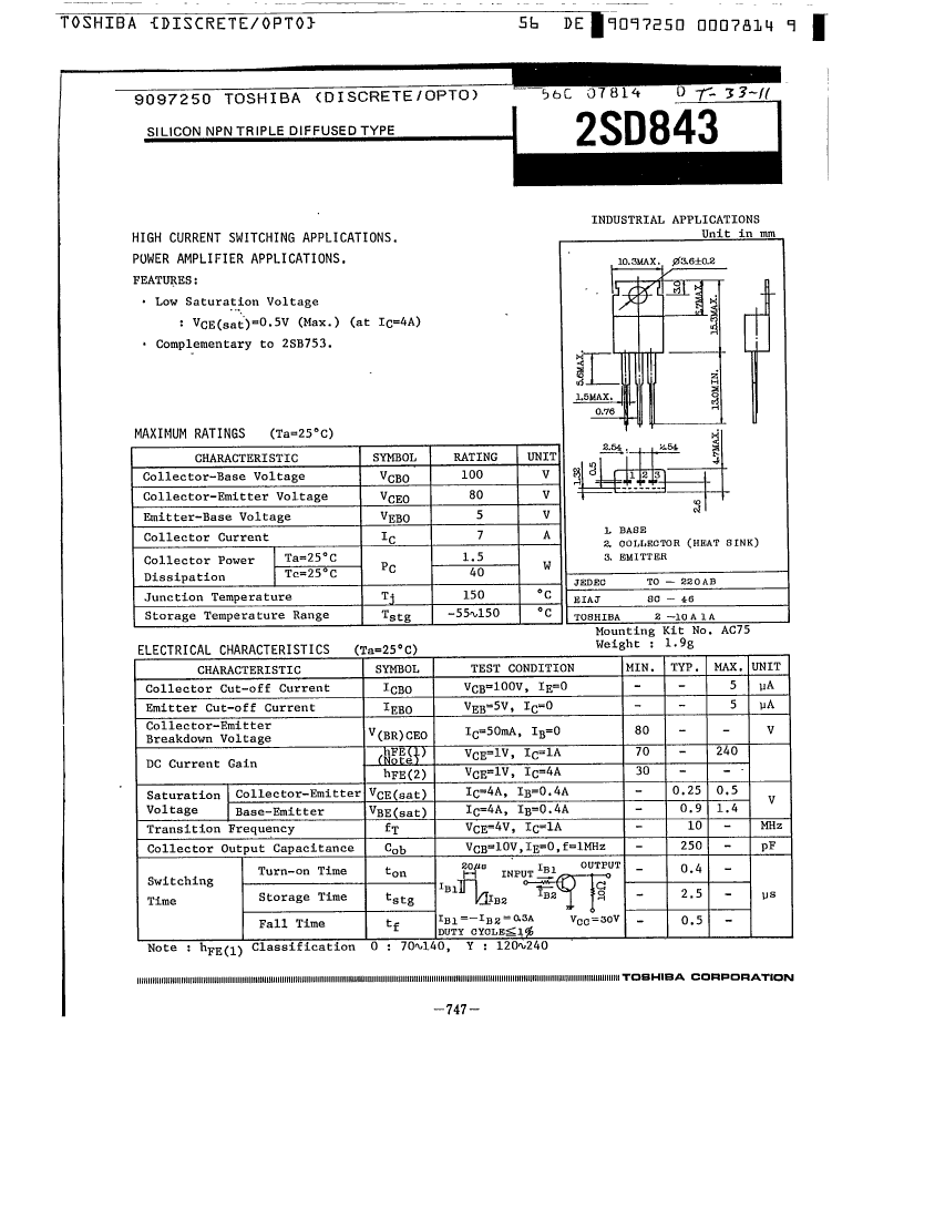 2sd843y Datasheet Pdf文件下载 芯片资料查询 维库电子市场网